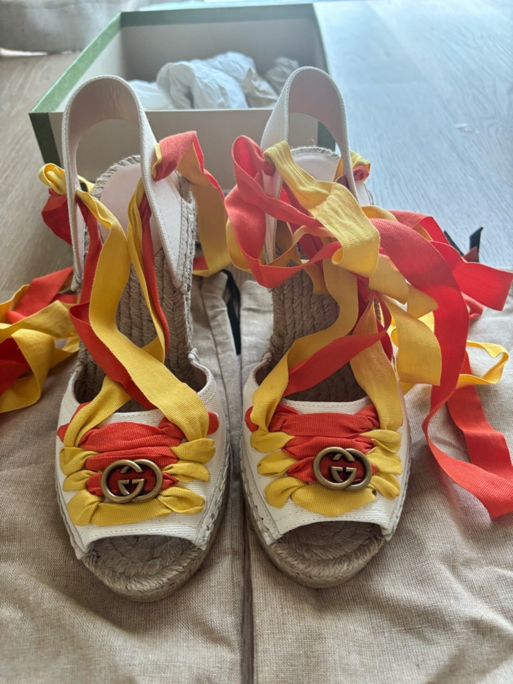 Gucci Yellow and Orange Ribbon Espadrille Wedges with GG Hardware - Picture 9 of 14